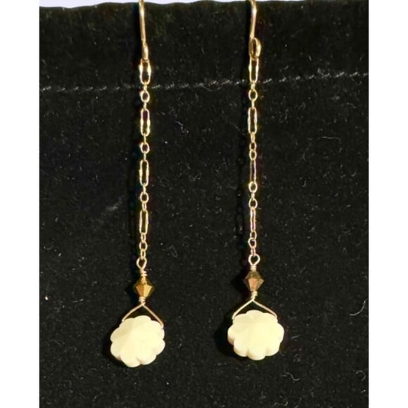 Drop dangle chain earrings 1/20 14K gold filled with Octagon Carved Flower Bead - Picture 2 of 6